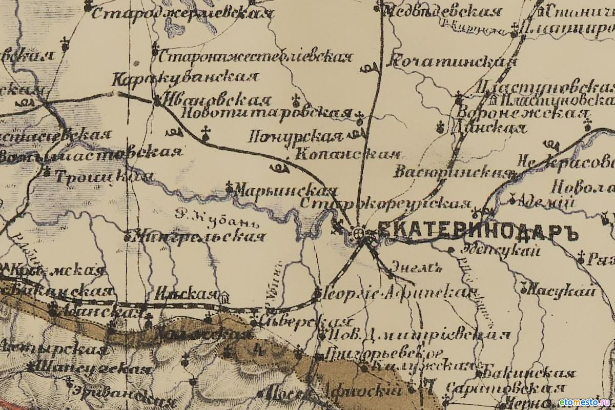 Фрагмент карты Кавказского края 1889 года с указанием станицы Марьинская